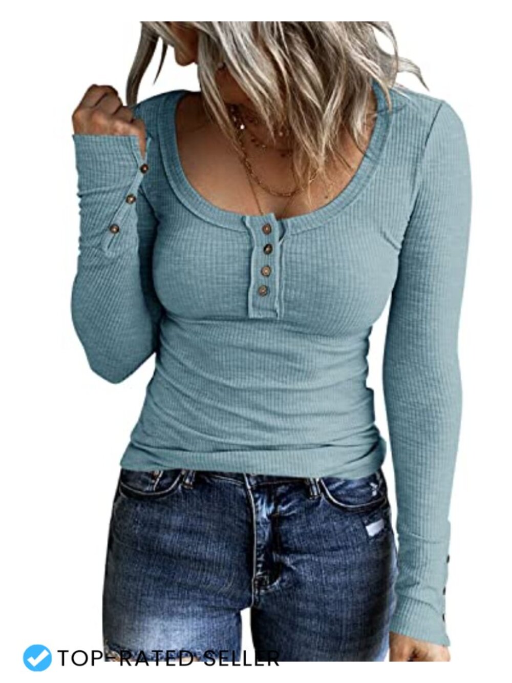 Long Sleeve Scoop Neck Henley Shirt Tunic Cotton Blend